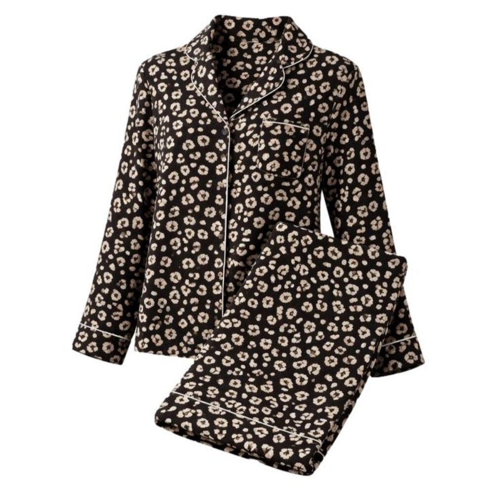Kate Spade 2pc Pajama Set Long Sleeve Notch Collar Black Print Size S